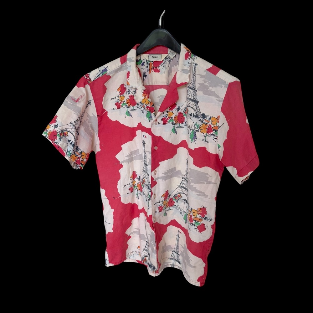 The Rogue Shirt Mens XL Paris Eiffel Tower Novelty Print Short‎ Sleeve Red Cream